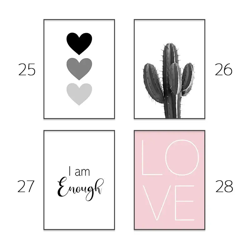 Set of four minimalist pink aesthetic wall art prints by DecorBites featuring black and white hearts cactus and love text