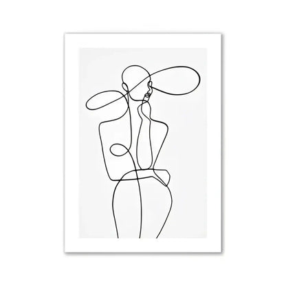 Black line art print of a stylized figure with oversized hat in minimalist pink aesthetic wall art by decorbites