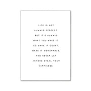 White rectangular art print with black minimalist typography featuring an inspirational quote for modern room decor wall art canvas