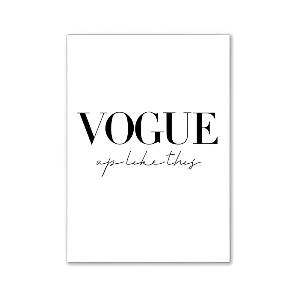 White rectangular wall art canvas by decorbites featuring vogue in bold black serif and up like this in cursive for room decor
