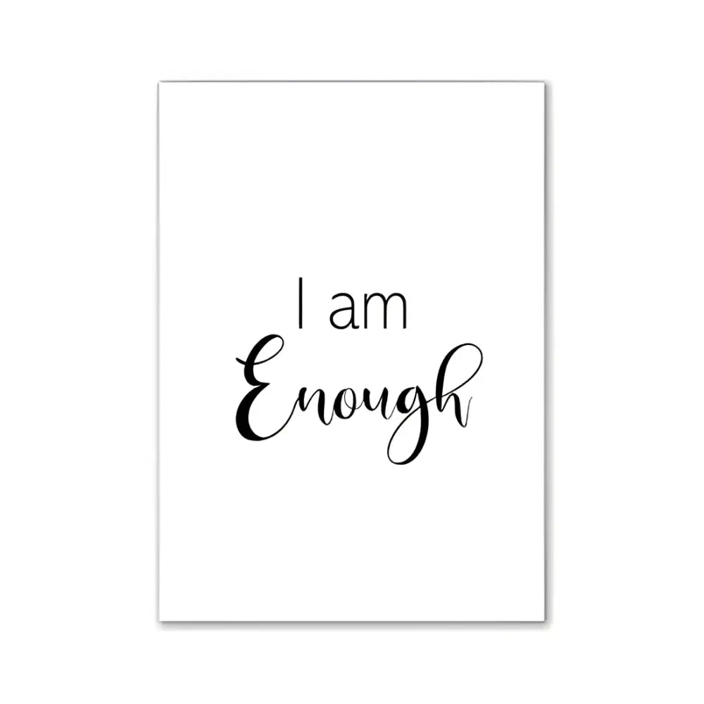 White rectangular wall art canvas with elegant black cursive i am enough phrase for modern room decor by DecorBites
