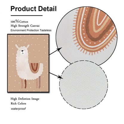 Beige cotton canvas wall art featuring a white alpaca with brown and orange patterns for programmer gamer decor
