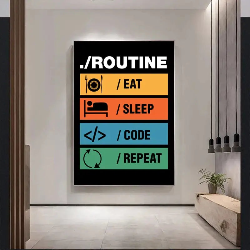 Black framed canvas wall art by decorbites featuring minimalist white text and colorful bars for programmer gamer decor