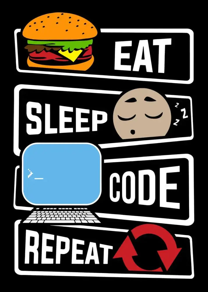 Black canvas wall art featuring cartoon hamburger sleeping face and computer screen with eat sleep code repeat for programmer gamer