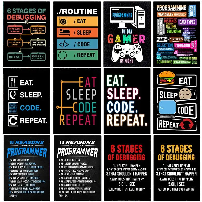 Black DecorBites™ modern programmer gamer canvas wall art with colorful abstract programmer gamer text and graphics