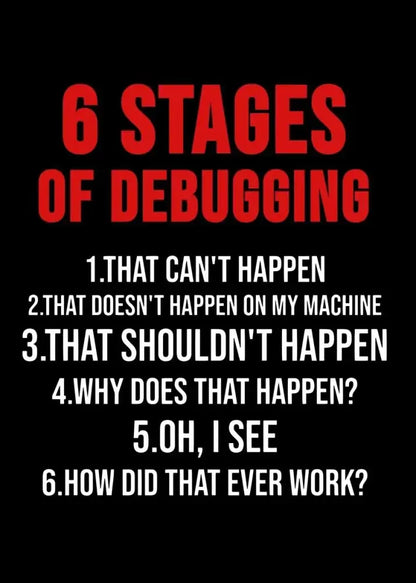 Decorbites modern programmer gamer canvas wall art with red and white text on black showing 6 stages of debugging