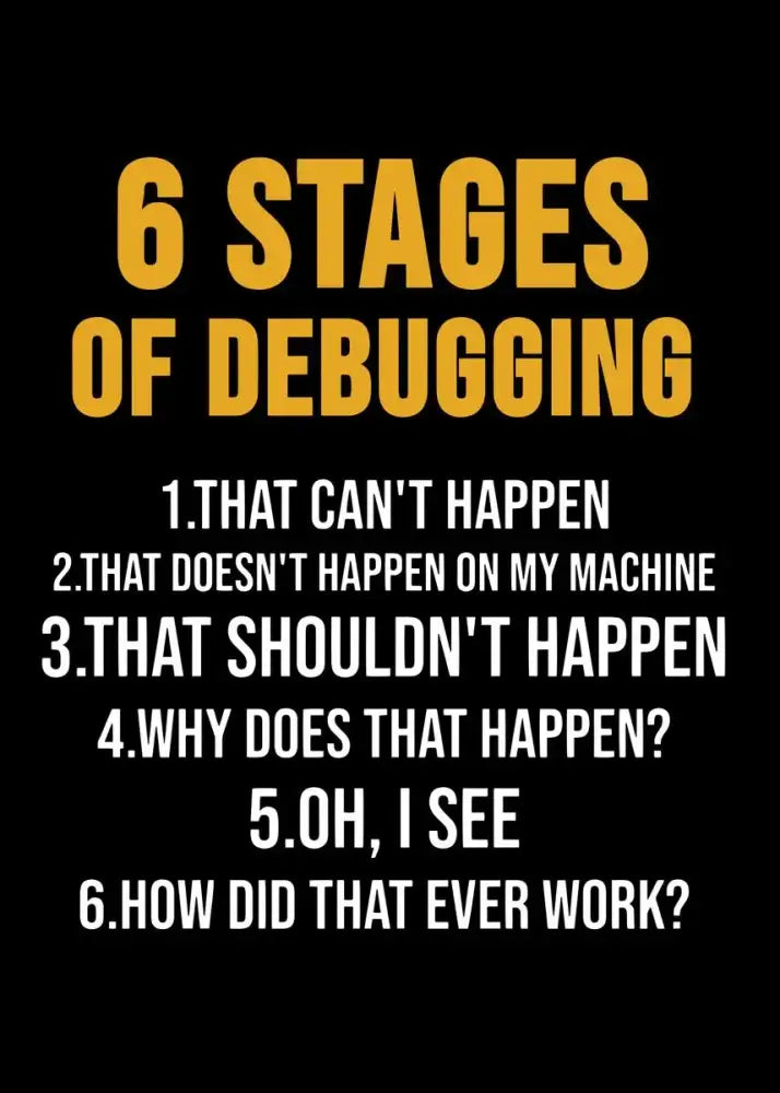 Decorbites™ modern programmer gamer canvas wall art with yellow and white 6 stages of debugging text on black background