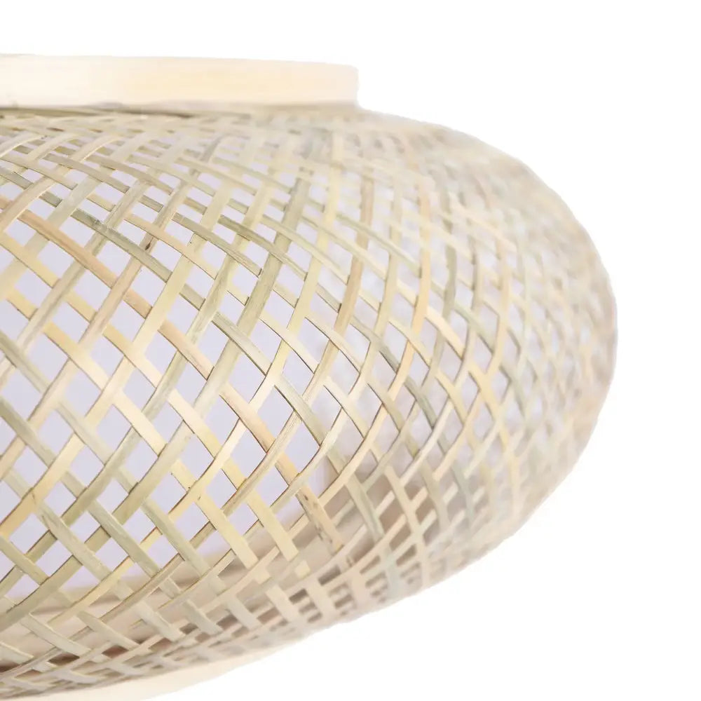 Beige woven bamboo rattan pendant light with a dome shape designed for DecorBites™ modern ceiling fan