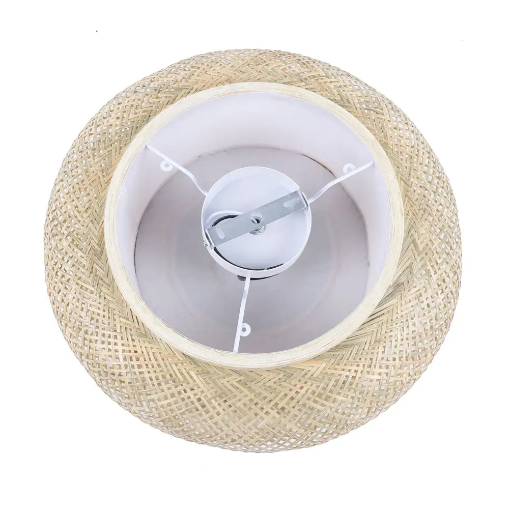 Beige woven rattan pendant light with white interior and metal fixture for decorbites modern ceiling fan