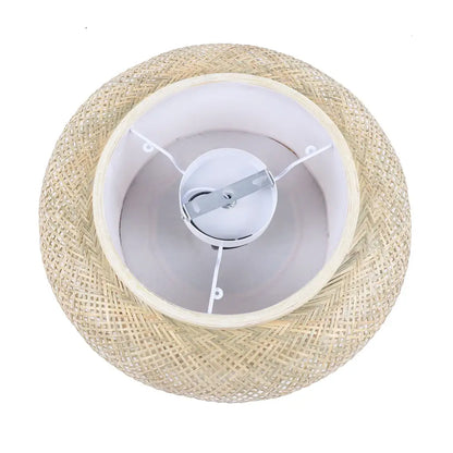 Beige woven rattan pendant light with white interior and metal fixture for decorbites modern ceiling fan