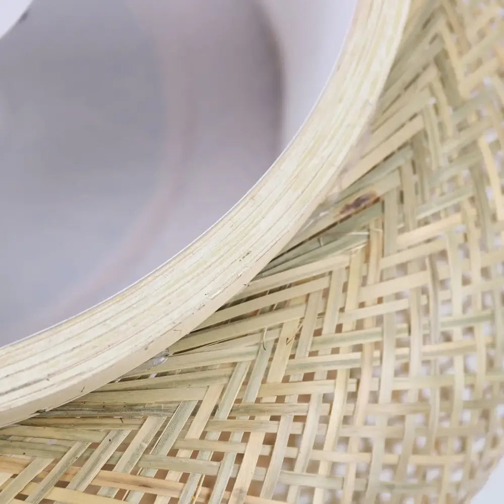 DecorBites modern rattan pendant light and ceiling fan with light beige woven bamboo shade and curved brim design