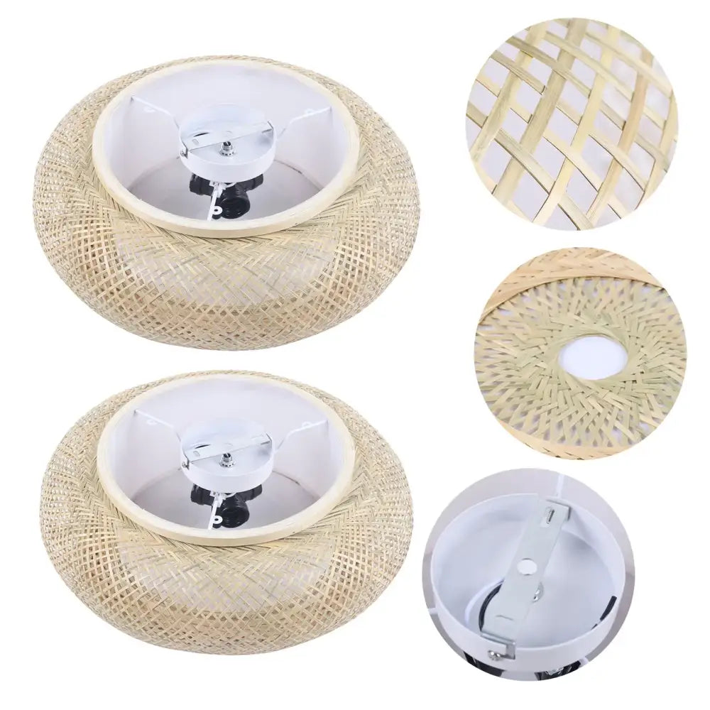 Beige woven bamboo rattan pendant light with white plastic mounting base for decorbites modern ceiling fan