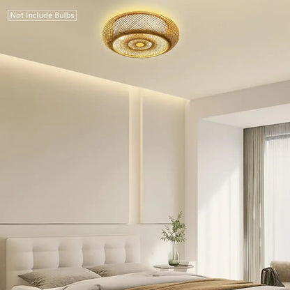 Golden woven rattan pendant light with concentric circular patterns for DecorBites™ modern rattan ceiling fan