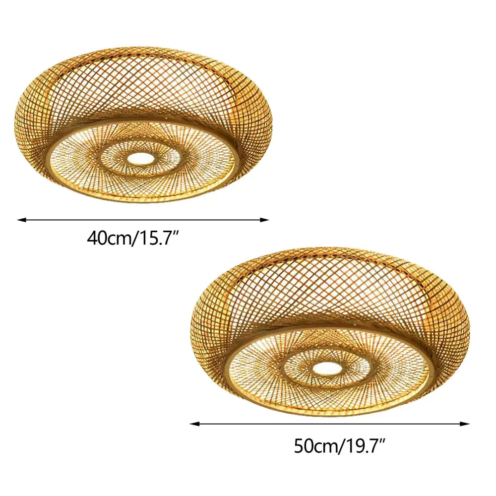 DecorBites™ modern rattan pendant light with golden woven bamboo circular mesh design for ceiling fan integration