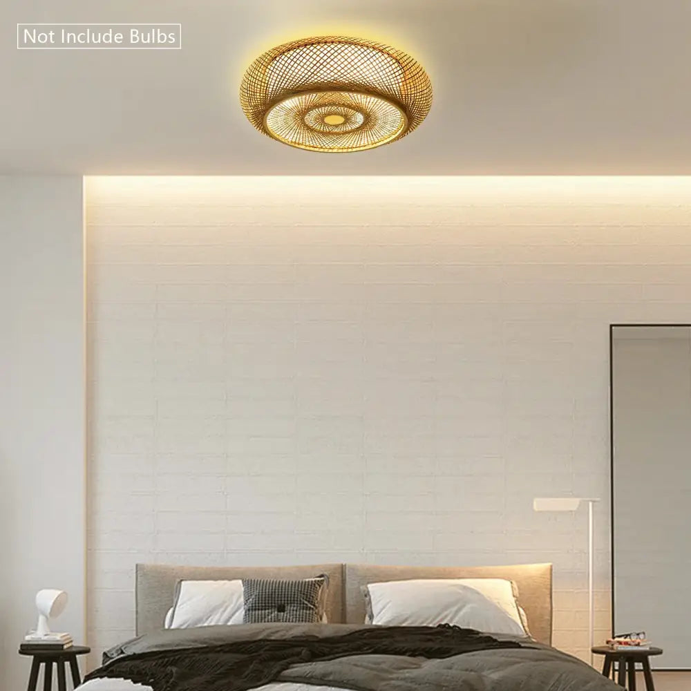 DecorBites™ modern rattan pendant light ceiling fan with golden woven bamboo concentric circular pattern fixture