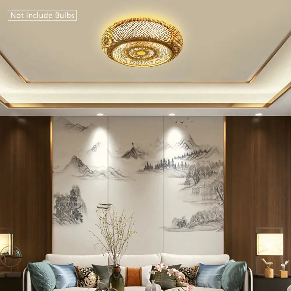 Golden woven bamboo rattan pendant light with concentric circular patterns for decorbites™ modern ceiling fan