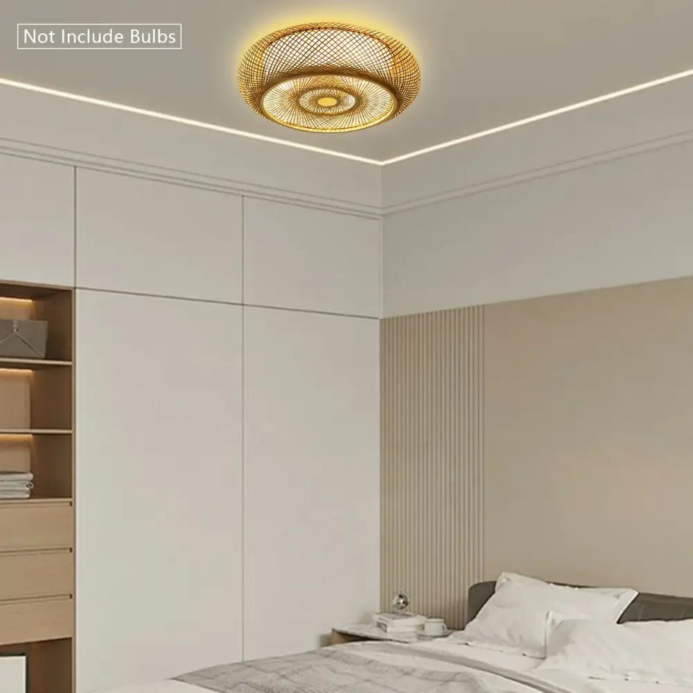 Decorbites modern rattan pendant light ceiling fan with golden woven bamboo shade and concentric circular patterns
