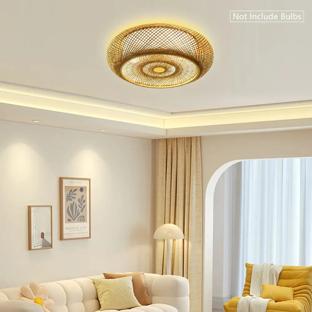 Decorbites™ modern rattan pendant light ceiling fan with golden woven bamboo and concentric circular patterns
