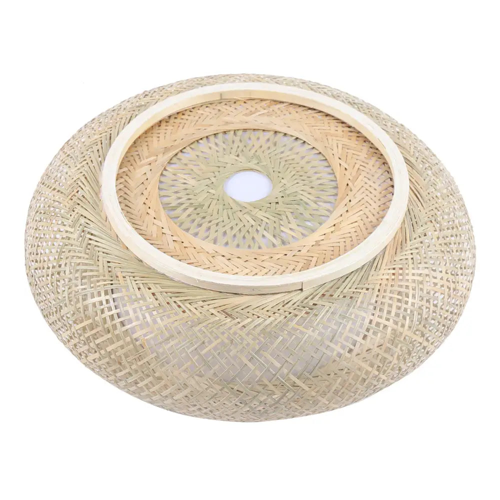 Handwoven bamboo rattan pendant light with concentric patterns and frosted glass panel for modern ceiling fan decor