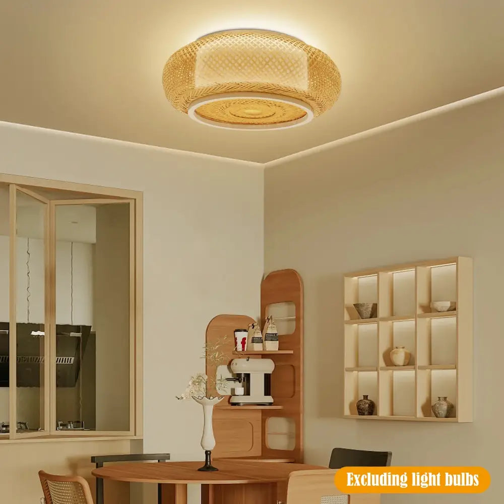 Warm-toned DecorBites™ rattan pendant light with woven bamboo texture and subtle geometric pattern for ceiling fan