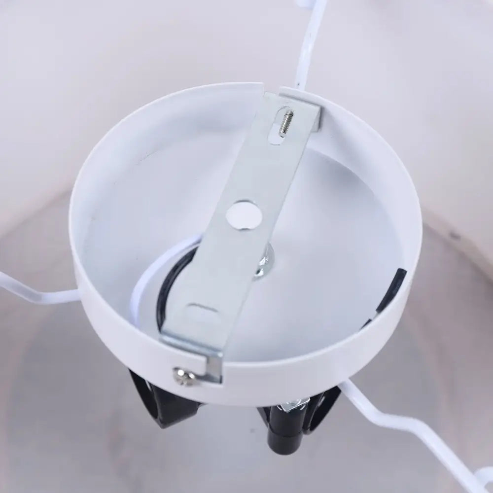 White circular ceiling light fixture with metallic bracket and black cable clips for DecorBites modern rattan pendant light ceiling fan