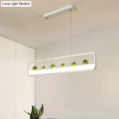 White rectangular acrylic pendant ceiling light with integrated led and five green succulents for dining room ceiling
