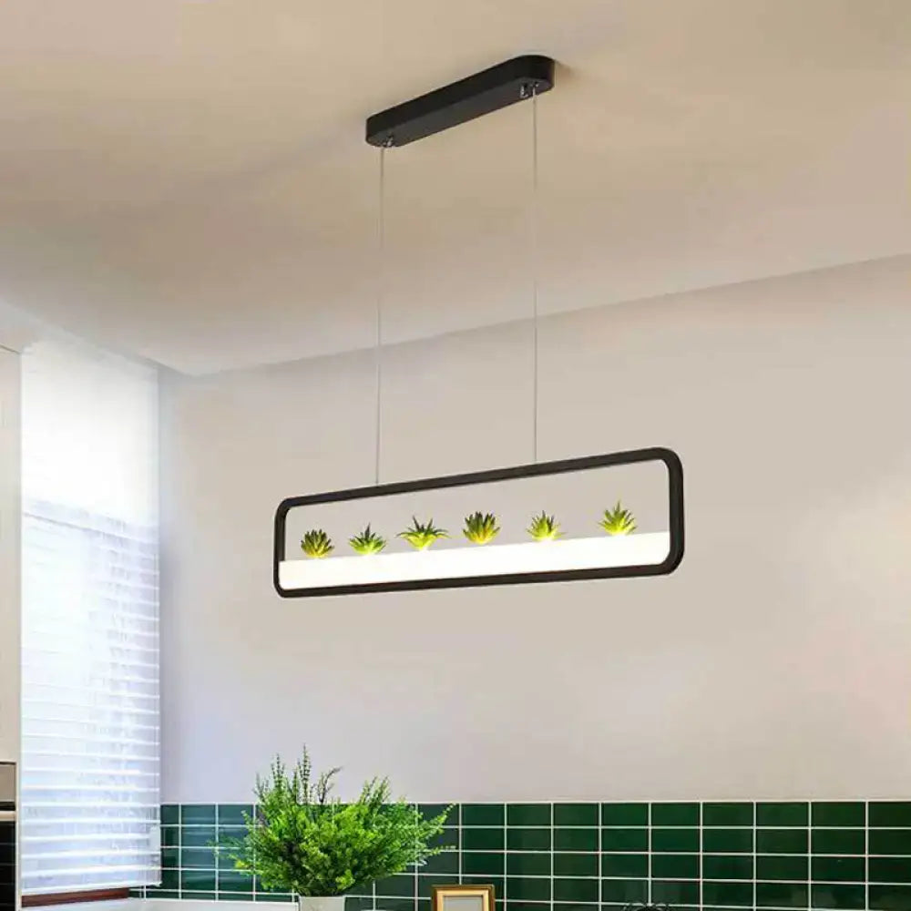 Modern black white acrylic rectangular pendant ceiling light with five green succulents on LED dining room ceiling fixture