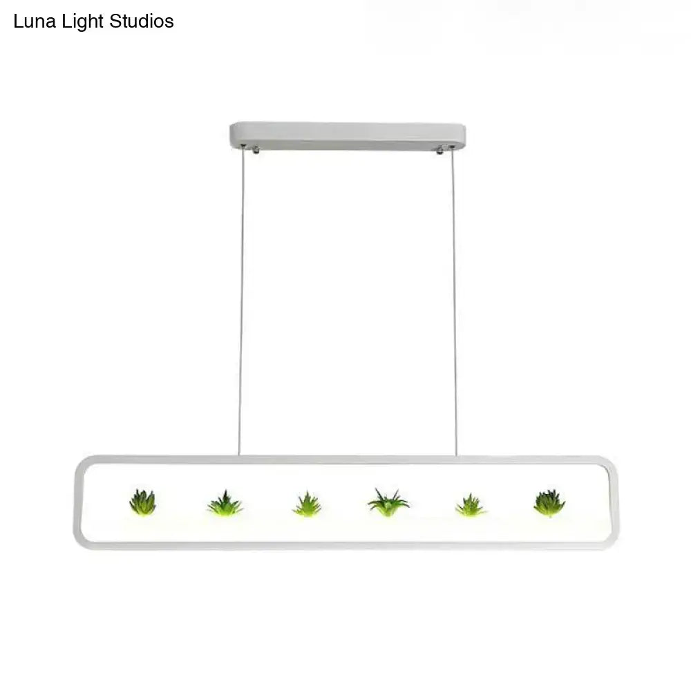 Modern rectangular black white acrylic ceiling light with five green succulents for dining room ceiling use