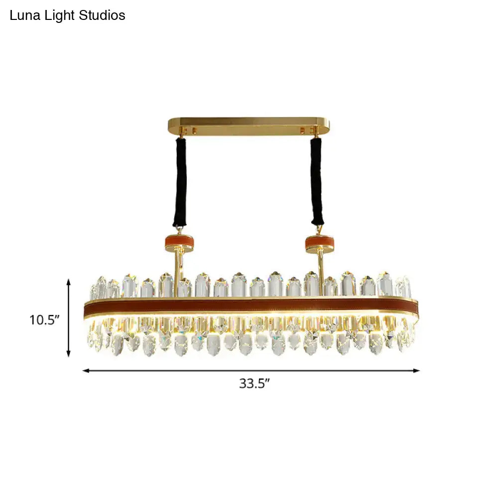 Decorbites™ modern ceiling light with gold-toned oval frame, clear crystal droplets, brown wood band, 220v-240v crystal block design