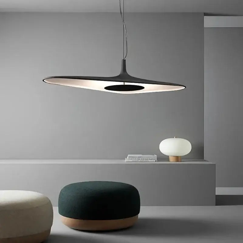 Modern black resin pendant lamp with sleek disc shape and warm ambient glow for dining room changeable light use
