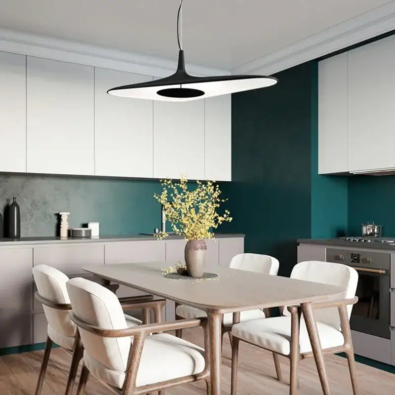 DecorBites™ modern black resin pendant lamp with sleek disc design for dining room featuring changeable light options
