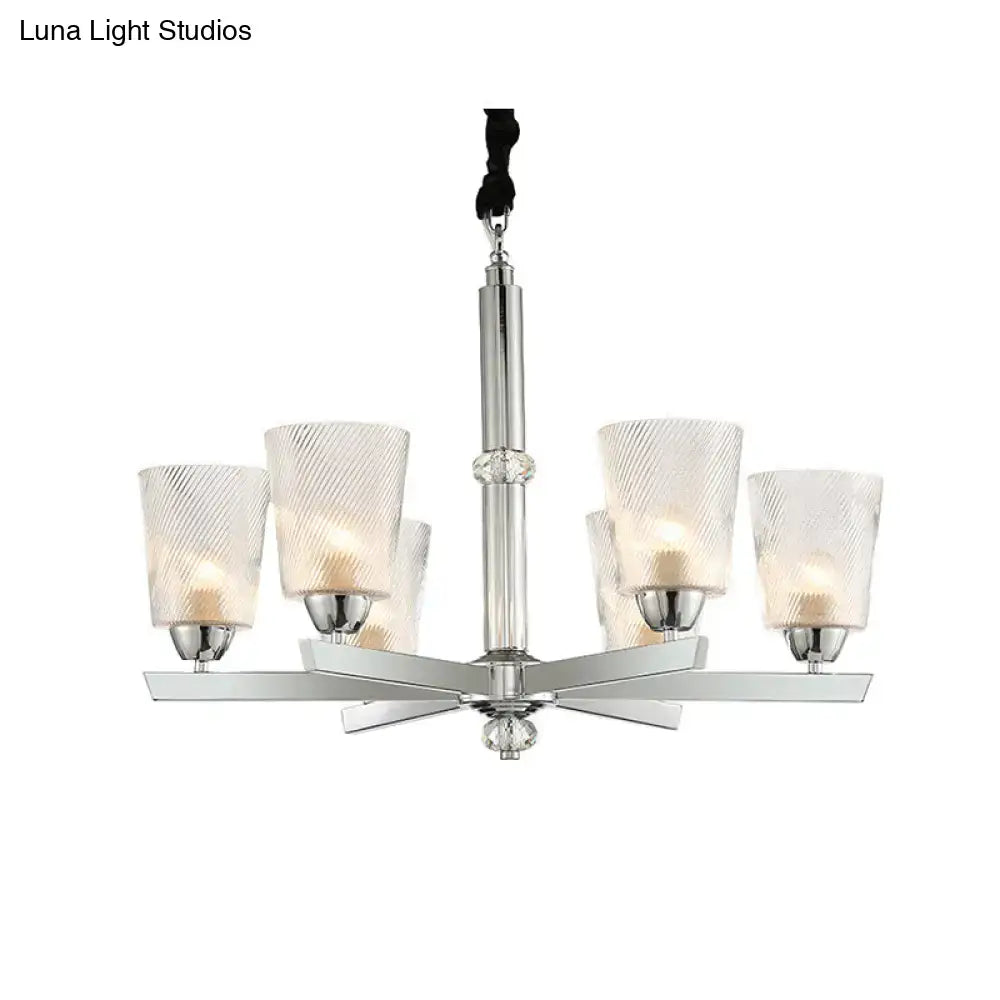 Modern chrome finish DecorBites™ chandelier with five ribbed glass shades compatible with 220v-240v LED incandescent fluorescent bulbs