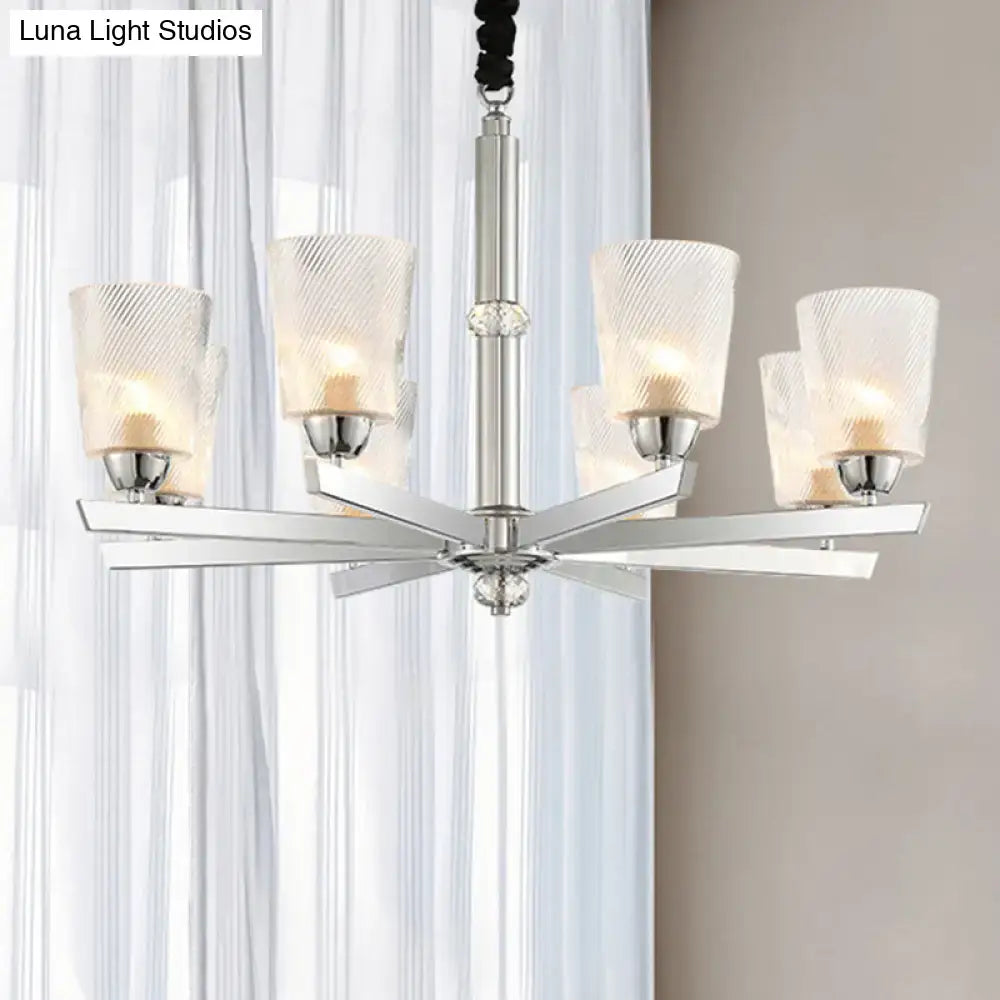 Modern chrome finish chandelier pendant with five ribbed glass frosted shades compatible with led incandescent fluorescent bulbs