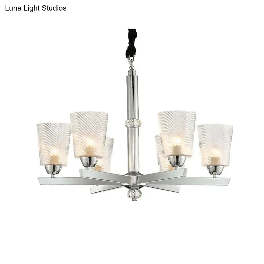Modern chrome DecorBites™ chandelier pendant with ribbed frosted glass shades and crystal accents for living room lighting compatible with 220v-240v and 110v-120v led incandescent fluorescent bulbs