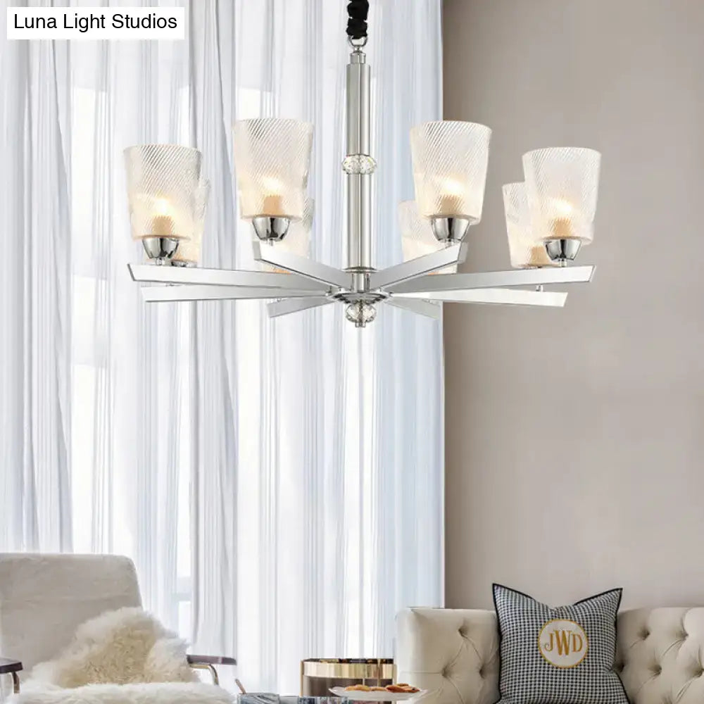 DecorBites™ modern chrome finish chandelier with five textured ribbed glass shades compatible with led incandescent fluorescent 220v-240v and 110v-120v