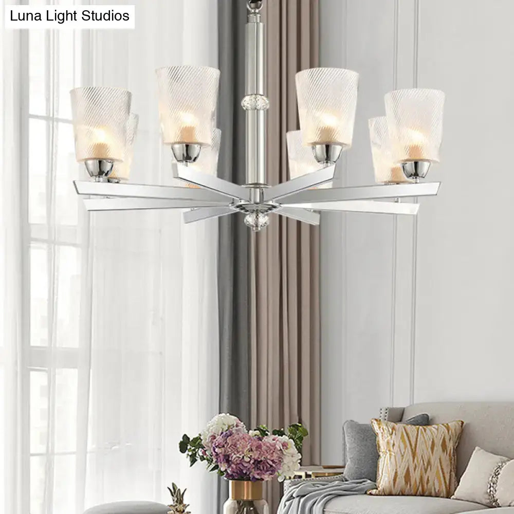 DecorBites™ modern chrome chandelier with five ribbed glass shades compatible with 220v-240v and led lighting