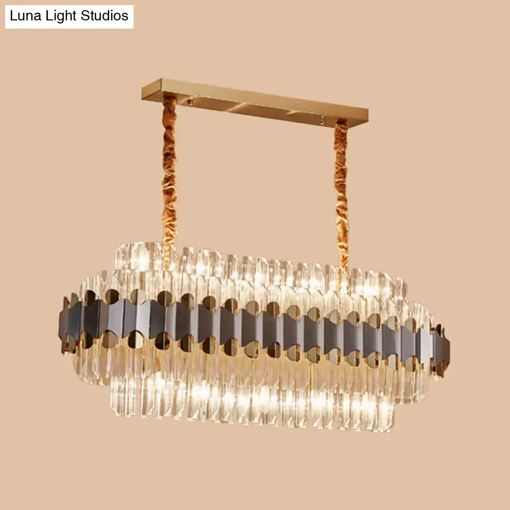 Decorbites modern gold and silver island chandelier with black metal frame and cascading crystal prisms oval shape 10 bulbs 220v-240v 110v-120v