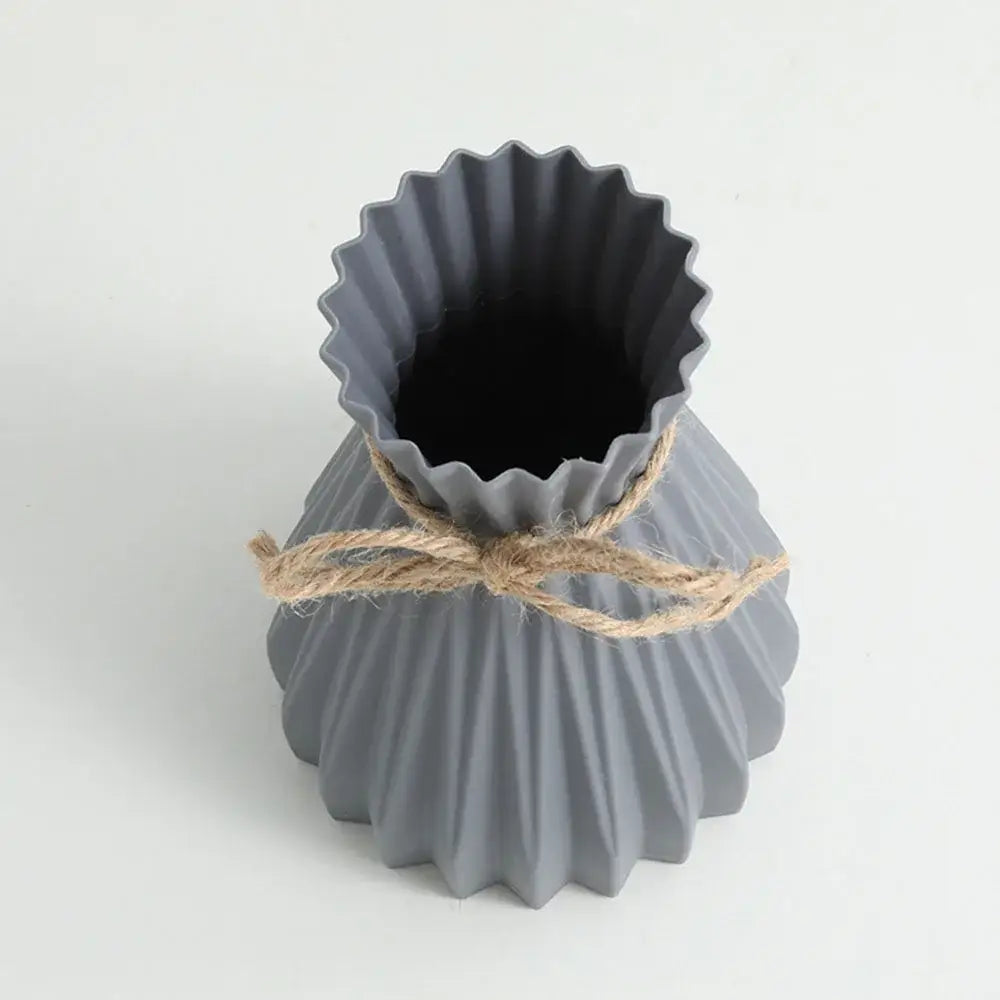 Gray ceramic DecorBites™ modern simple flower vase with fluted scalloped rim and twine for dry flowers