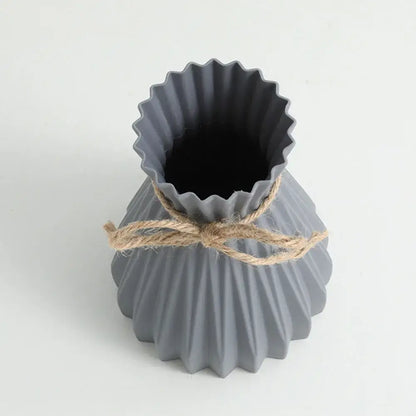 Gray ceramic DecorBites™ modern simple flower vase with fluted scalloped rim and twine for dry flowers
