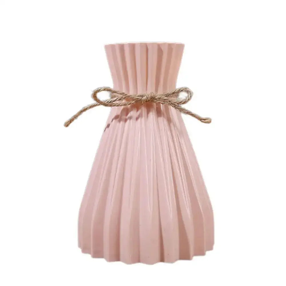 Decorbites modern simple pink pleated ceramic flower vase with natural twine bow for dry flowers display