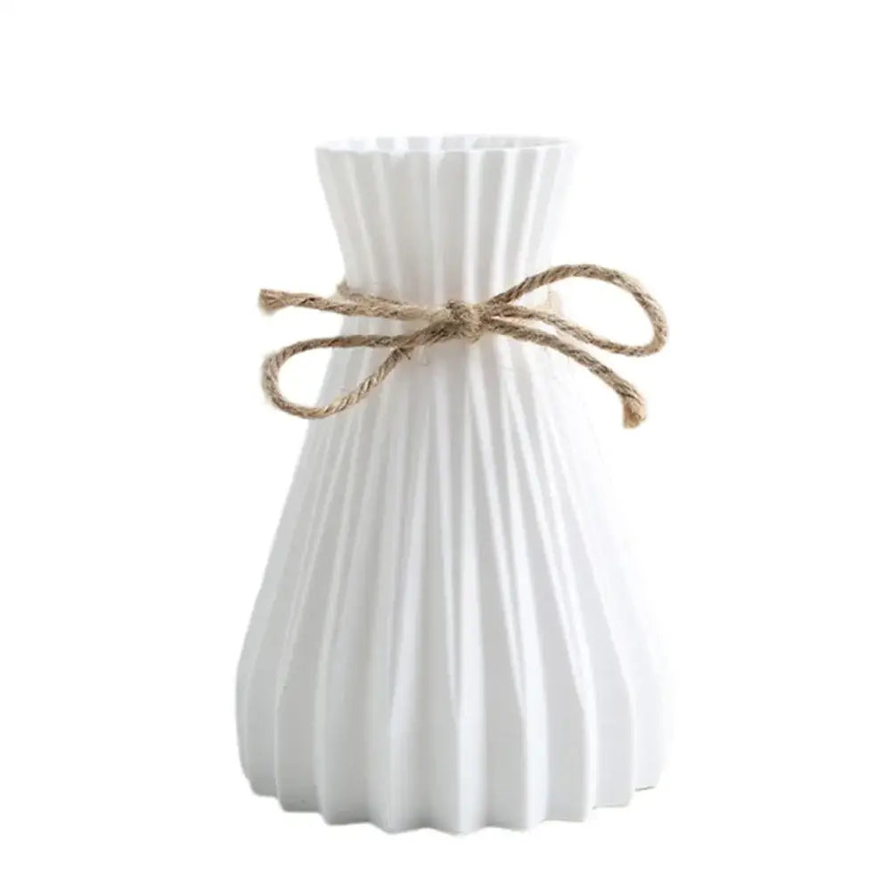 DecorBites™ modern simple white ceramic flower vase with vertical ridges and twine bow for dry flowers