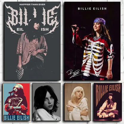 Billie eilish album cover print canvas wall art featuring black and white stylized design with gothic lettering by singer b billies