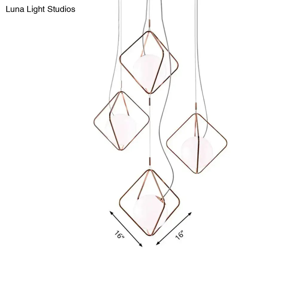 Decorbites modern square suspension light with rose gold metal frame and frosted glass shade for living room