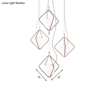 DecorBites™ modern square suspension light with rose gold metal frame and frosted glass orb shades in white for living room