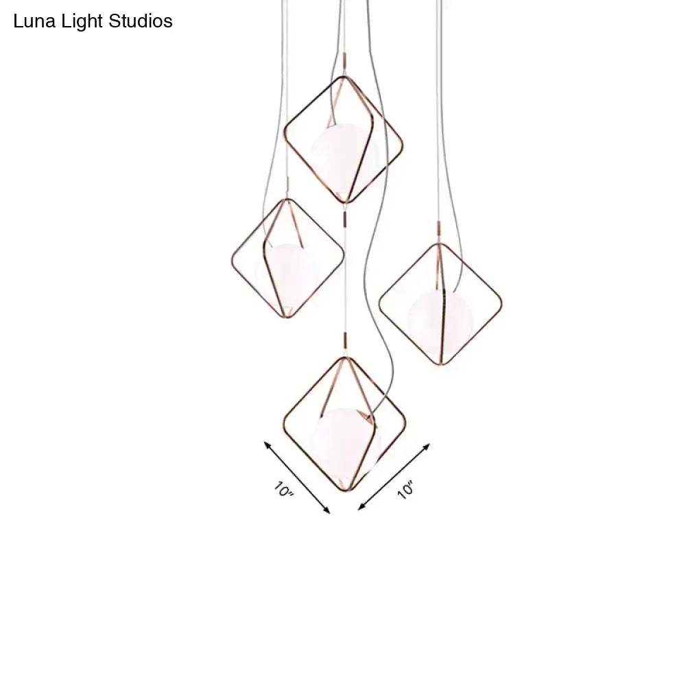 Modern geometric square suspension light with copper metal frames and frosted glass shades for living room decor