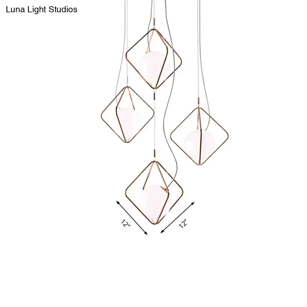 Decorbites™ modern square suspension light with copper metal frames and frosted glass orb shades in white for living room