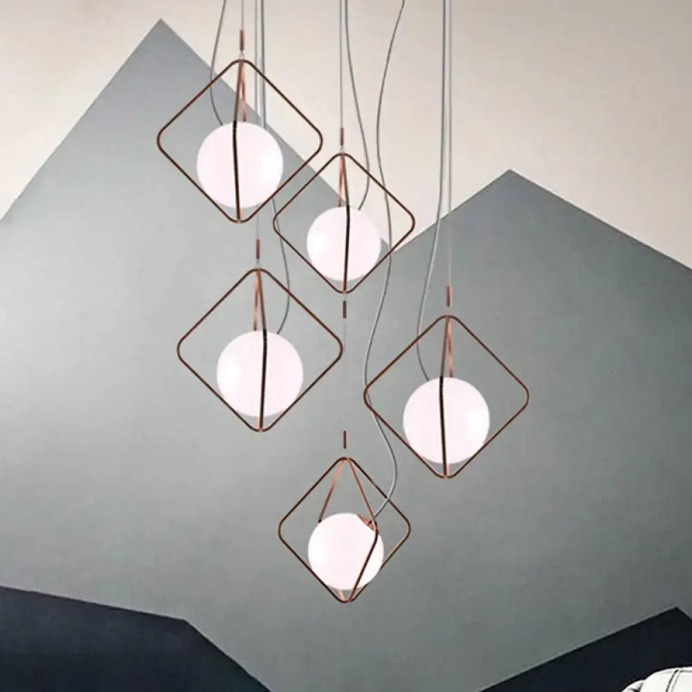 Decorbites modern square suspension light with copper metal frame and frosted glass orb shade in white for living room