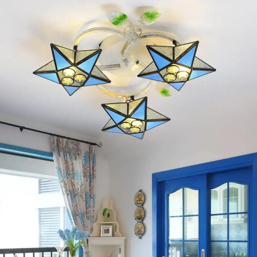 Decorbites modern tiffany stained glass flush mount ceiling light with three blue star-shaped heads 110v-120v compatible