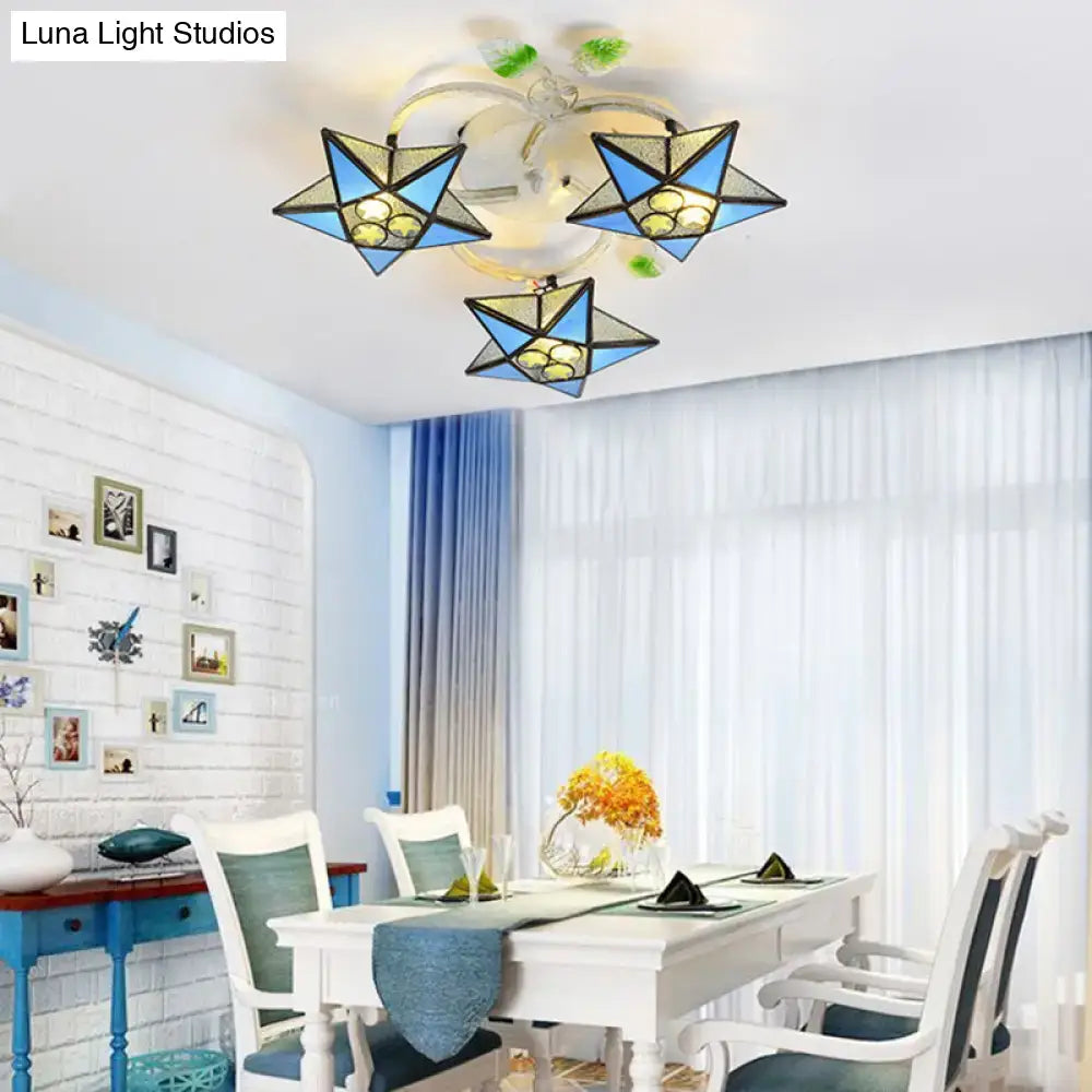 Decorbites modern tiffany stained glass flush mount ceiling light with three blue star-shaped led illuminated shades 110v-120v 220v-240v