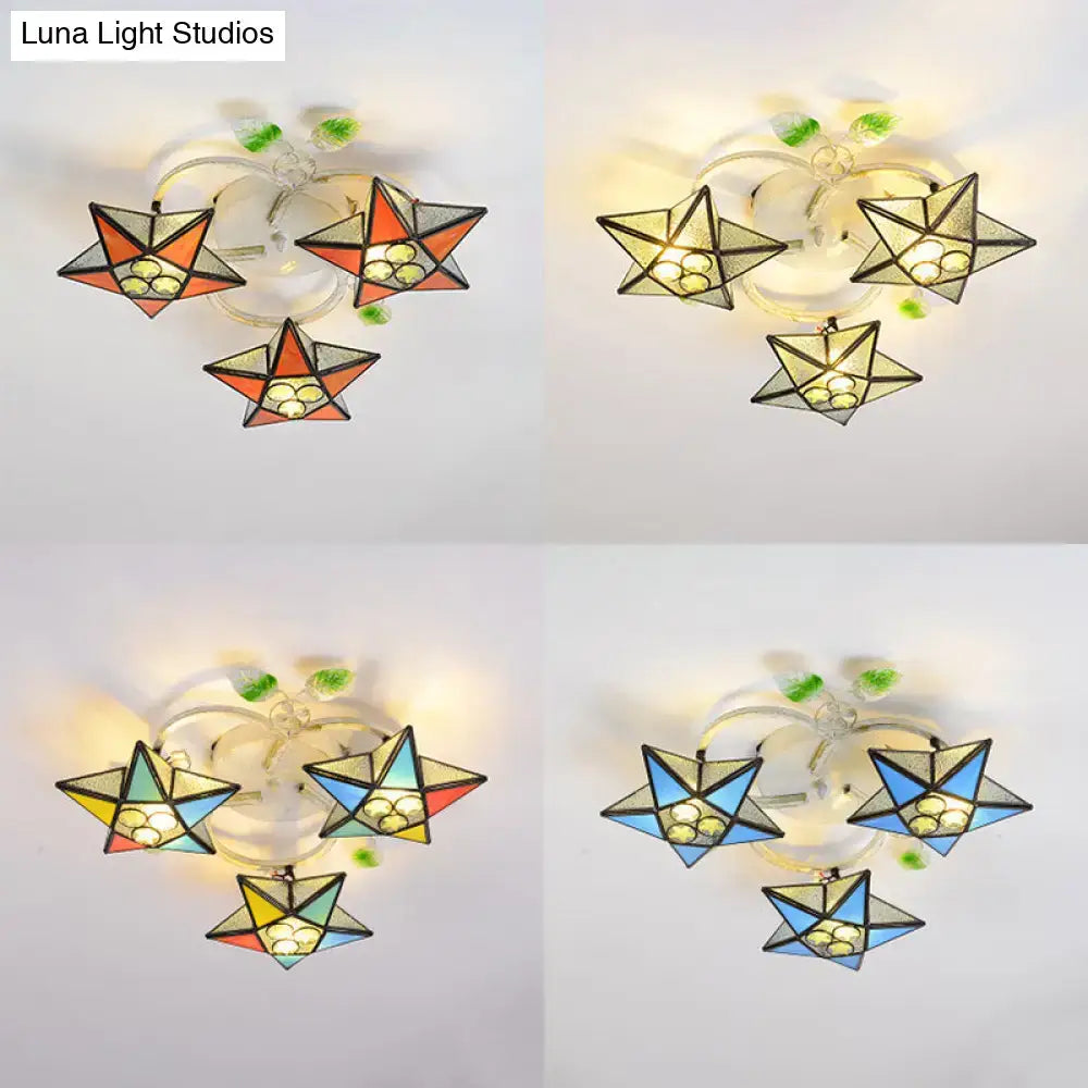 Decorbites modern tiffany stained glass flush mount ceiling light with 3 star-shaped heads in warm orange and cool blue, compatible with 110v-120v and 220v-240v led incandescent fluorescent bulbs